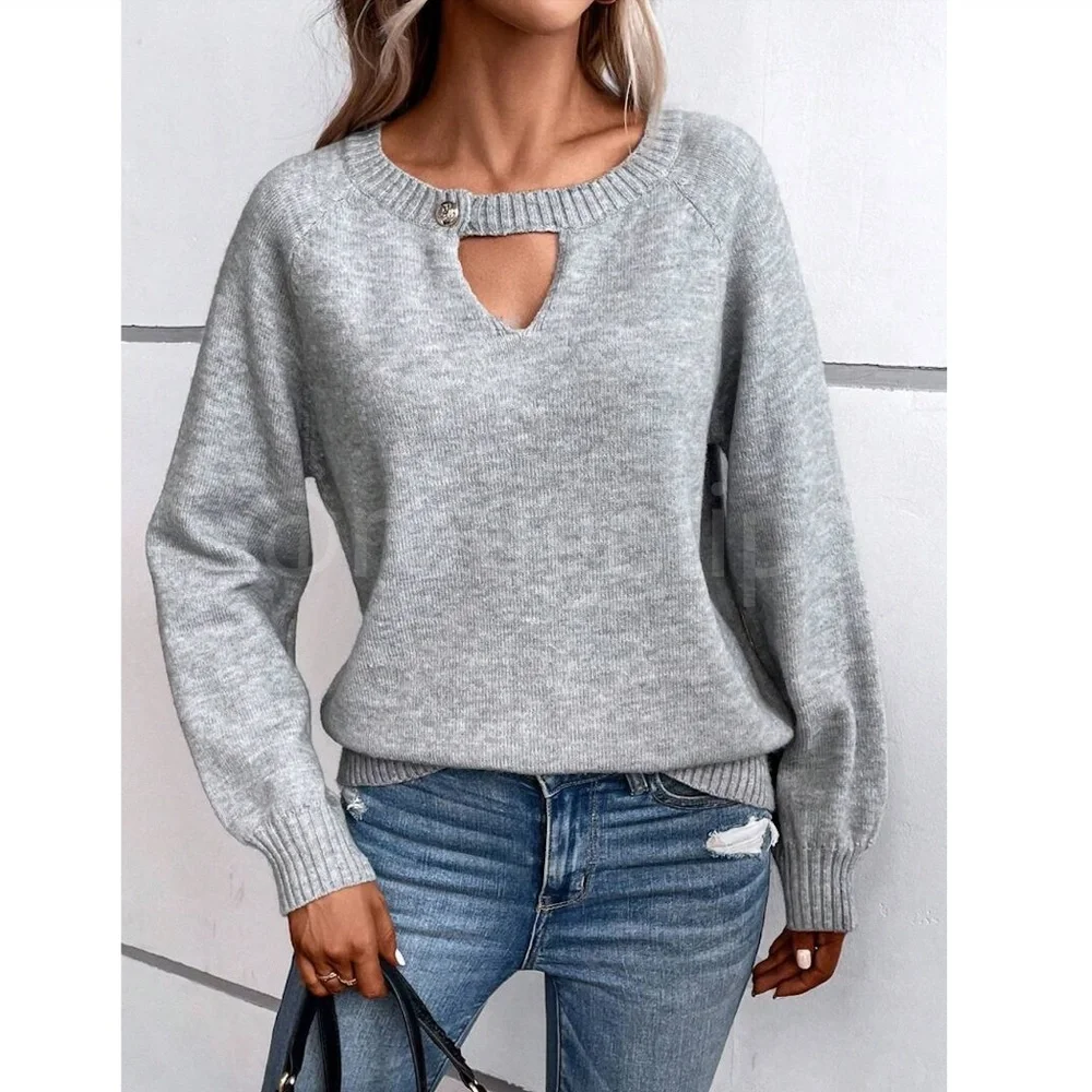 Grey Knit Pullover Sweater Neck Keyhole Button Detail Long Sleeve - Picture 3 of 6